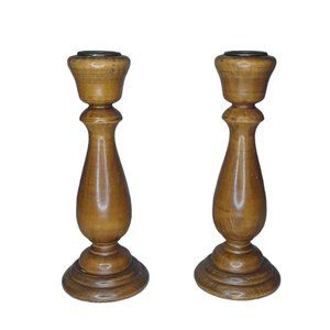 Vintage Turned Wood Candlestick Holders with Brass Inserts Set of Two